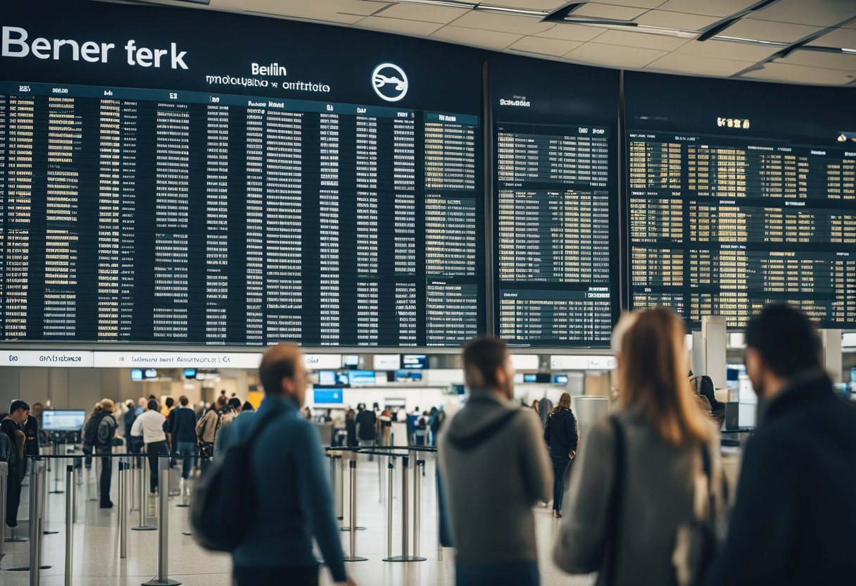 Passagiere am Flughafen BER prüfen Flugpläne, Karten und Transportmöglichkeiten, um ihre Reise nach Berlin, Deutschland, zu planen