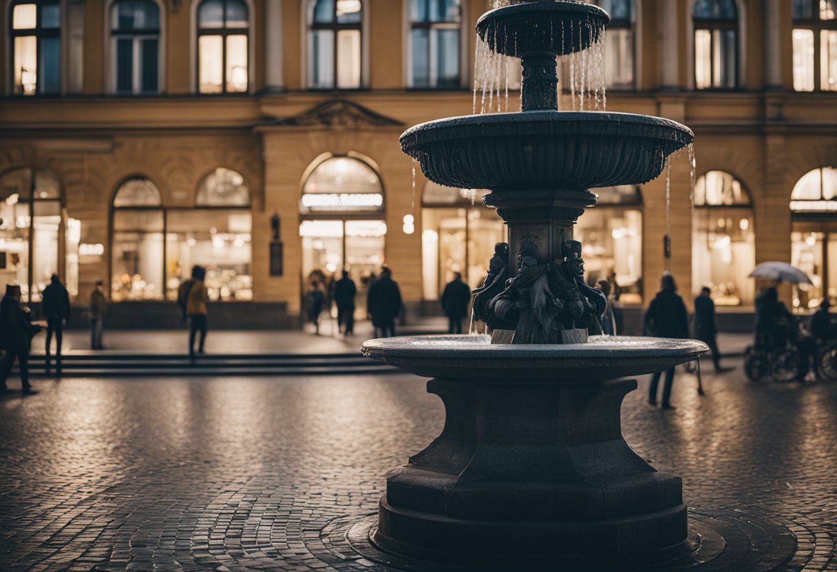 Ein belebter Platz in Berlin, Deutschland, mit historischen Gebäuden, Kopfsteinpflasterstraßen und einem zentralen Brunnen