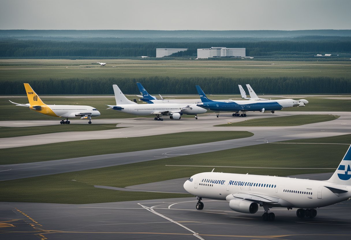 Mehrere Flughäfen in der Nähe von Berlin, Deutschland. Landende und startende Flugzeuge. Landebahnen, Terminals und Kontrolltürme sichtbar