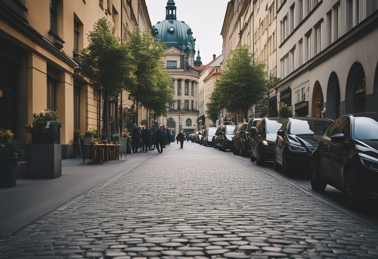 Eine belebte Straße in Berlin, Deutschland, gesäumt von historischen Gebäuden und Kopfsteinpflasterwegen