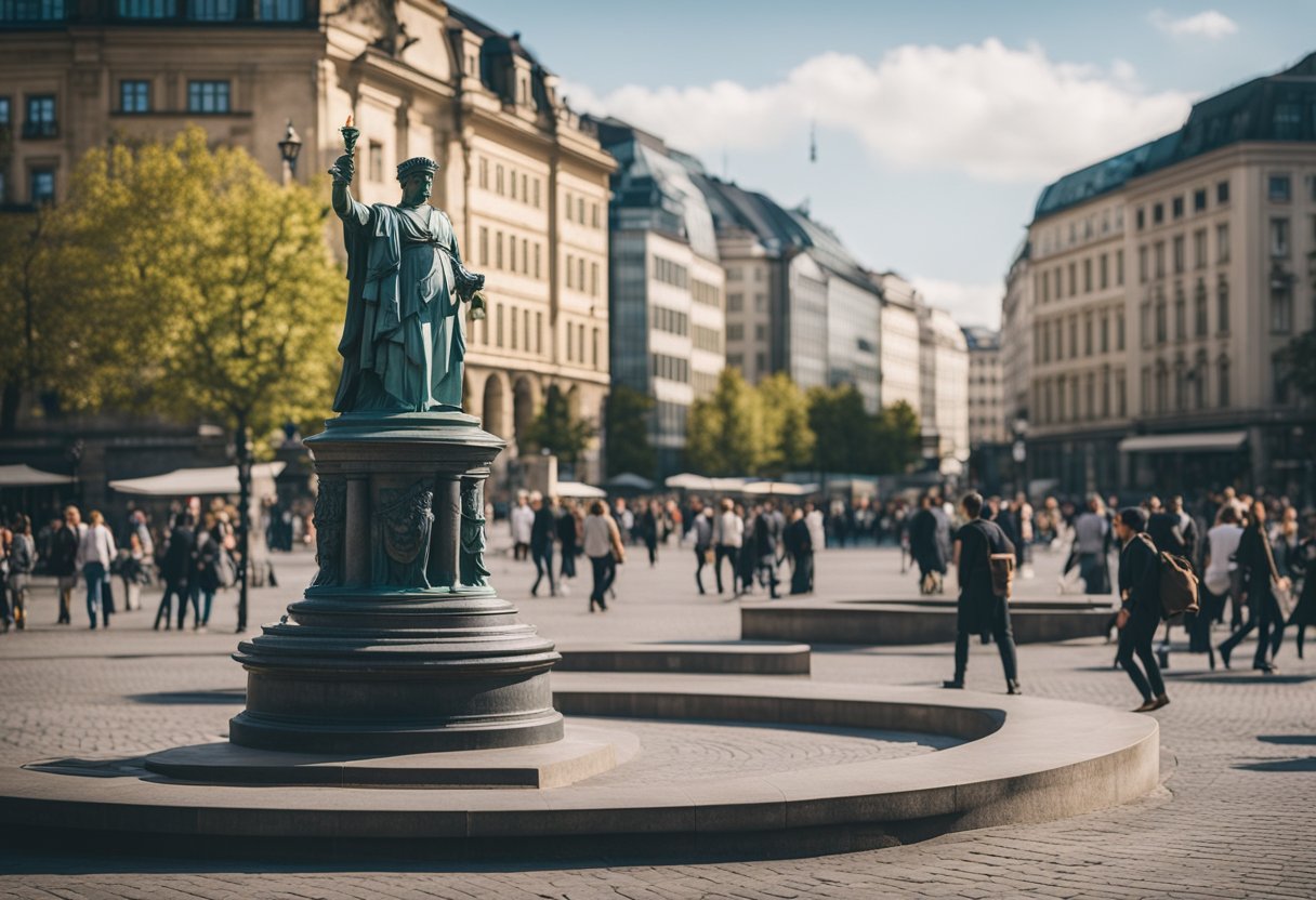 Ein belebter Platz in Berlin, Deutschland, mit einer großen Statue in der Mitte, umgeben von historischen Gebäuden und geschäftigem Treiben