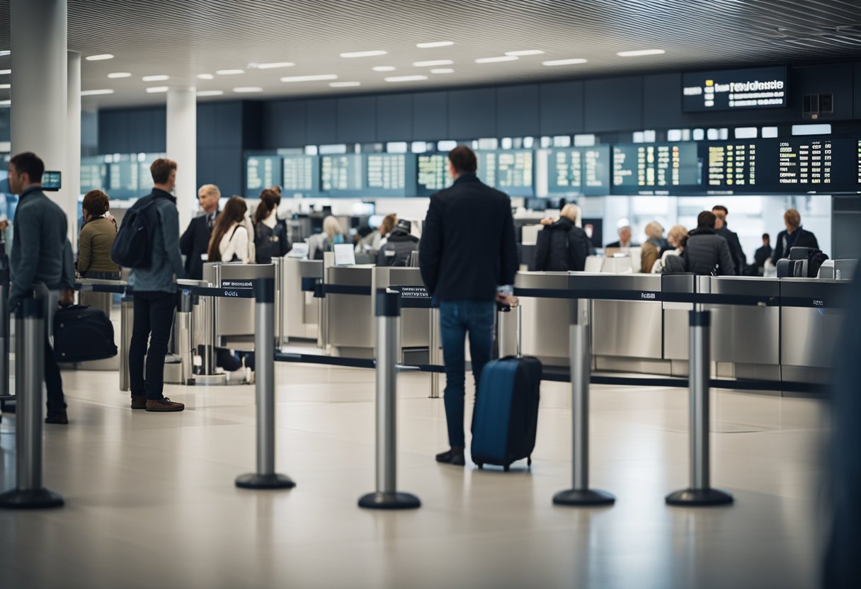 Passengers queue at Berlin airport's service desk, while others sit in waiting area. Signs indicate various services available