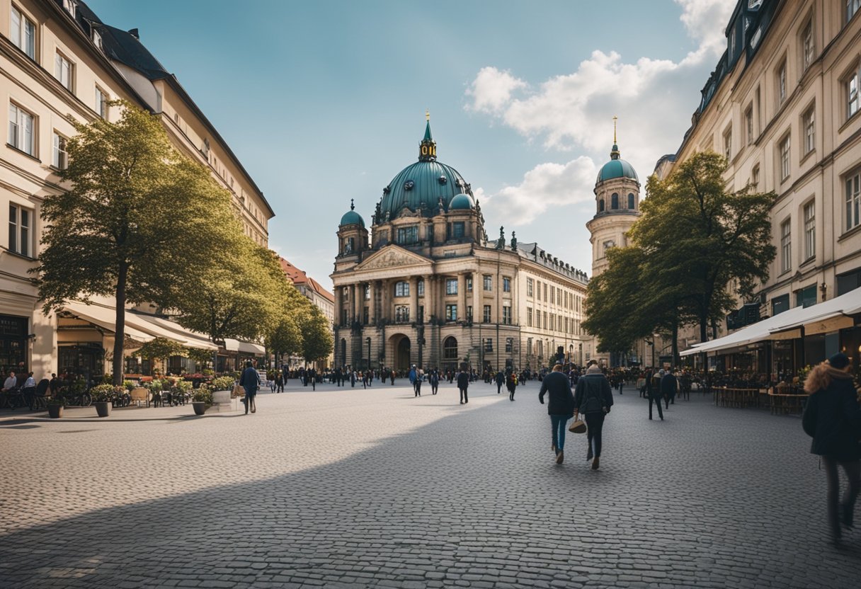 Ein belebter Platz in Berlin, Deutschland, mit historischen Gebäuden und Kopfsteinpflasterstraßen