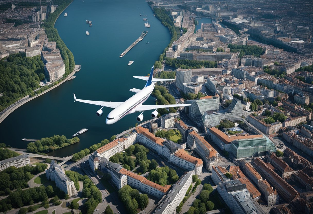 Ein Flugzeug fliegt über das Berliner Stadtzentrum, unter dem die Wahrzeichen zu sehen sind