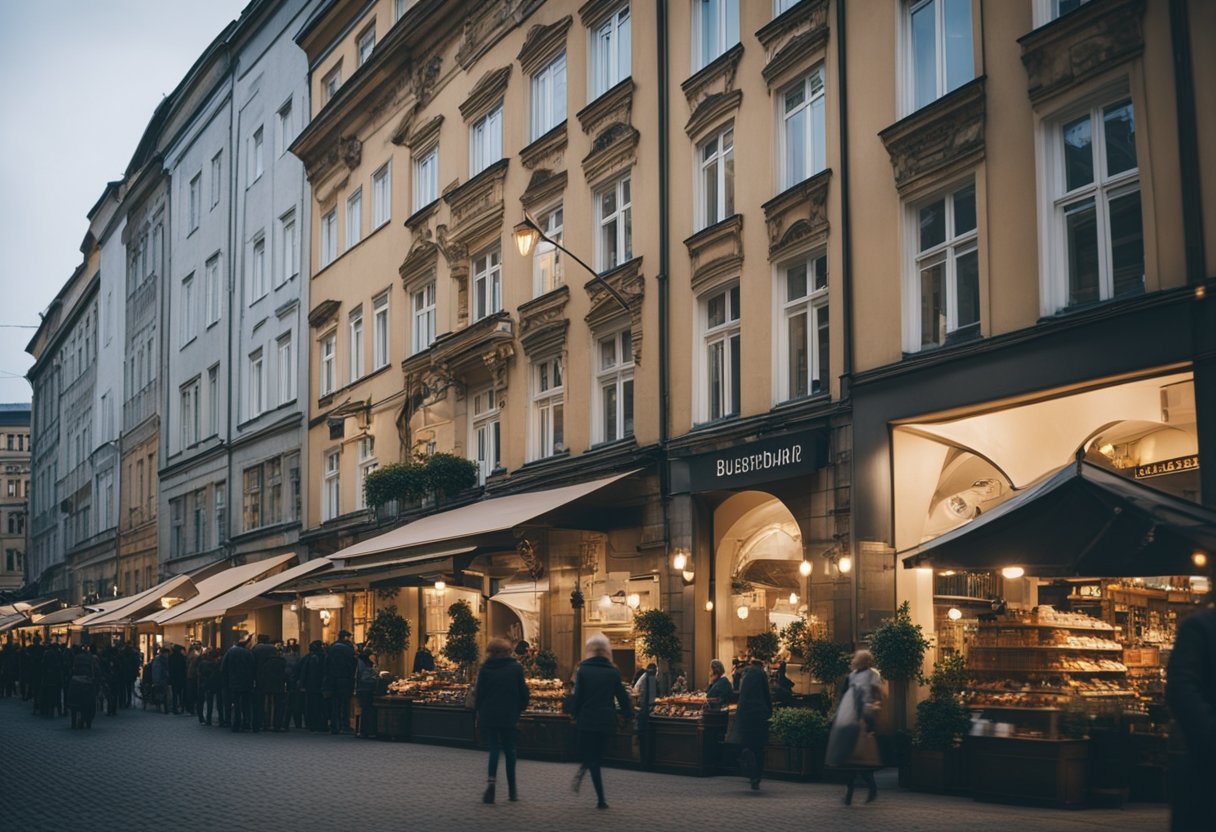 Eine belebte Straße in Berlin, Deutschland, mit historischen Gebäuden und lebhaften Geschäften entlang des Boulevards