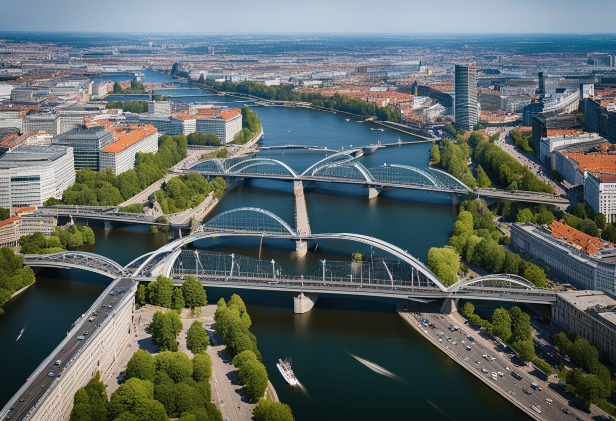 Mehrere Brücken überspannen den Fluss in Berlin, Deutschland. Die Bauwerke variieren in Größe und Stil und tragen zum architektonischen Charme der Stadt bei