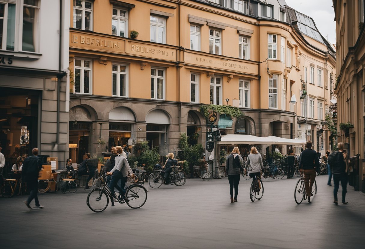 Berlins Bezirke erkunden: Eine belebte Straße in Berlin, Deutschland, mit bunten Gebäuden und Menschen, die spazieren gehen und Rad fahren