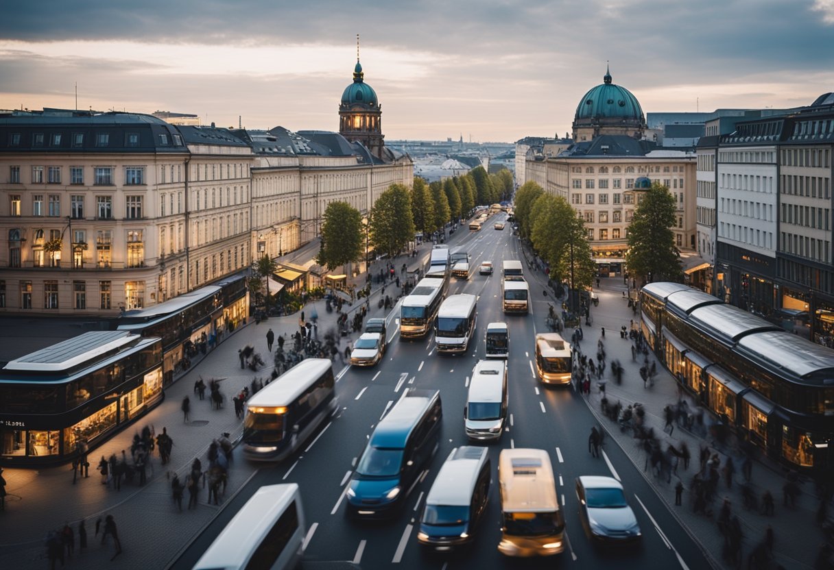 Eine belebte Straße in Berlin, Deutschland, gesäumt von historischen Wahrzeichen und pulsierenden Attraktionen