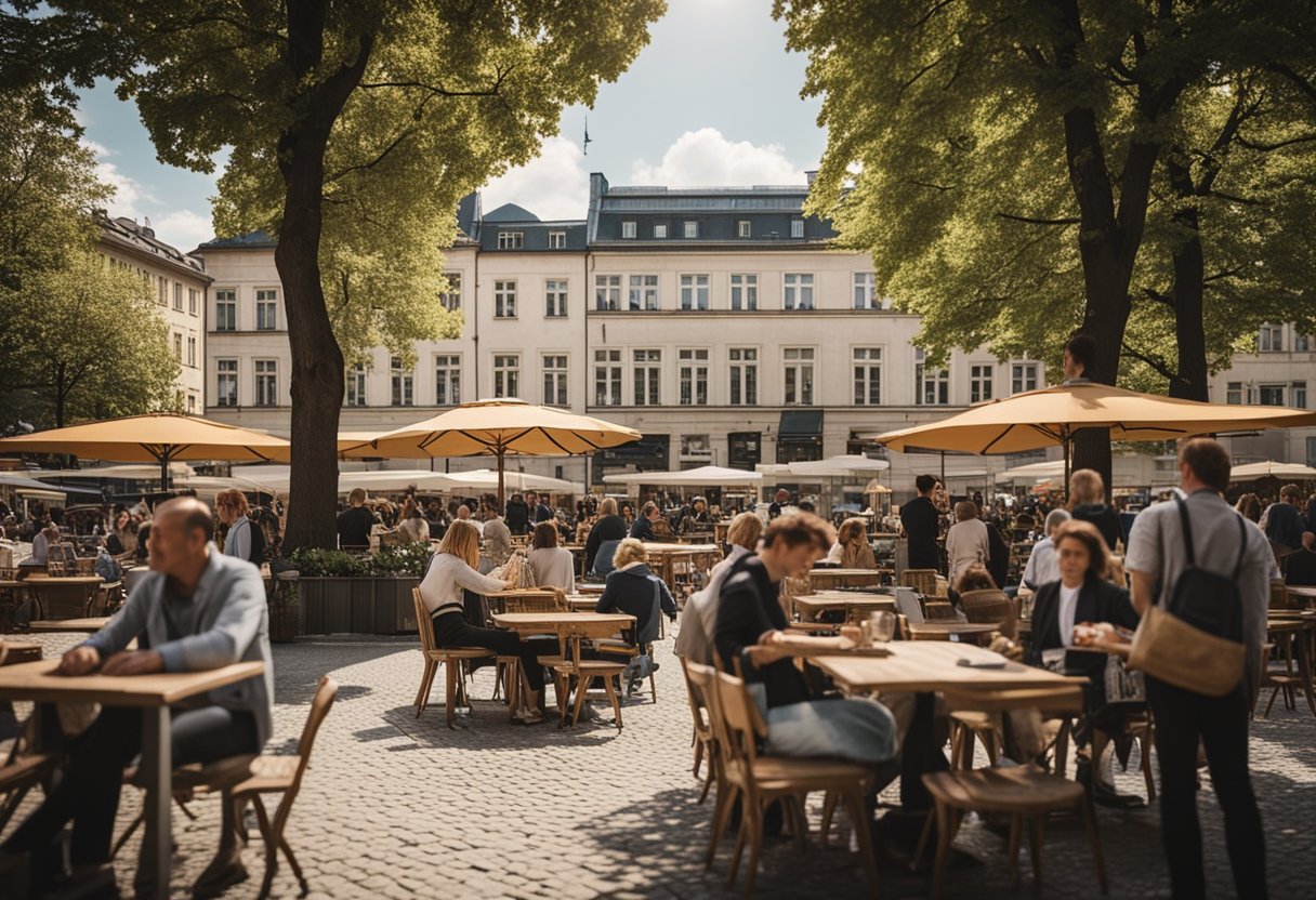 Ein belebter Platz in Berlin, Deutschland, mit historischen Gebäuden, Straßencafés und Menschen, die ihren täglichen Aktivitäten nachgehen