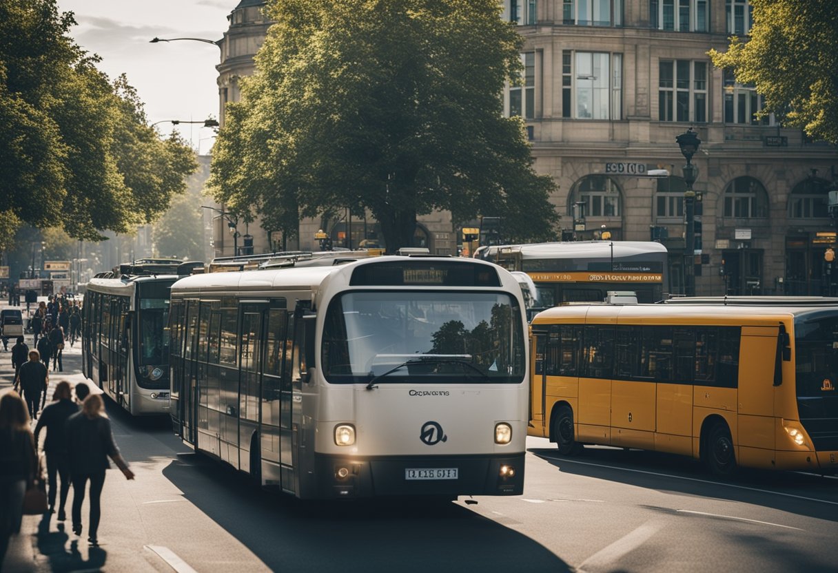 Eine belebte Straße in Berlin, Deutschland, mit einer Vielzahl von öffentlichen Verkehrsmitteln wie Bussen, Straßenbahnen und Zügen