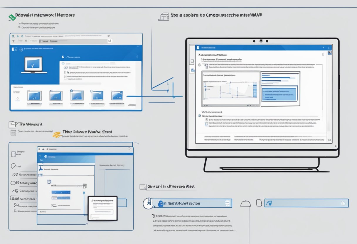 A computer screen displaying the steps to map a network drive in Windows 10, with the necessary prerequisites listed alongside the instructions