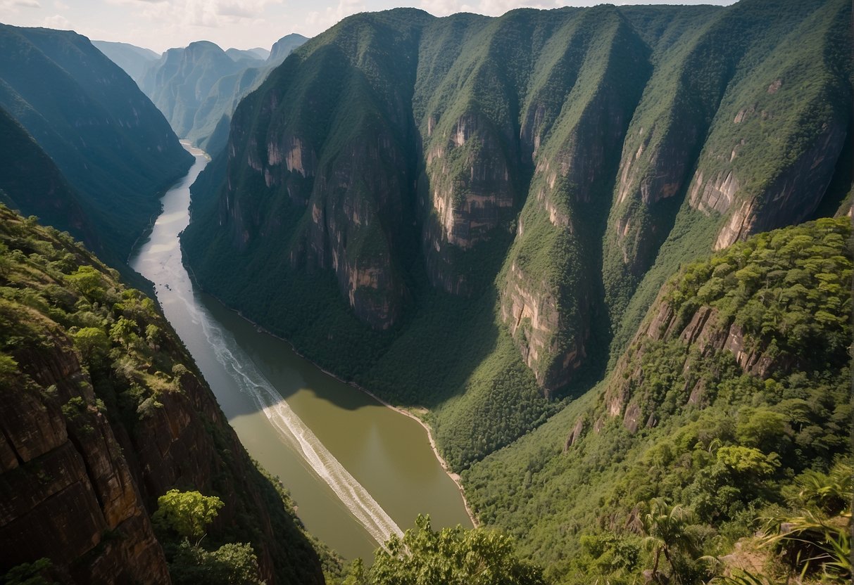 The Sumidero Canyon rises from the earth, its steep walls carved by the force of the Grijalva River over millions of years. The canyon's rugged beauty is enhanced by the lush greenery that clings to its walls