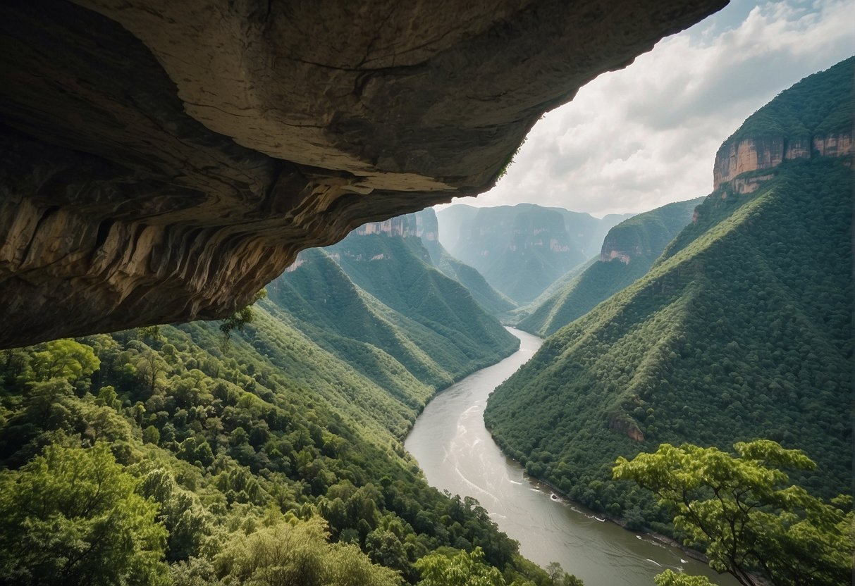 Lush greenery and diverse wildlife thrive in Sumidero Canyon, with towering cliffs and a winding river showcasing the natural beauty of biodiversity and ecology