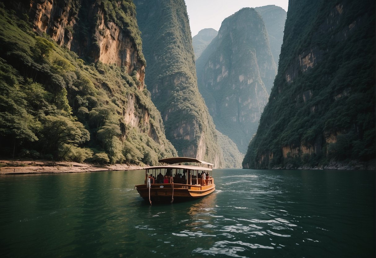 Boats cruise through towering cliffs in Sumidero Canyon, as tourists marvel at the lush greenery and wildlife along the riverbanks