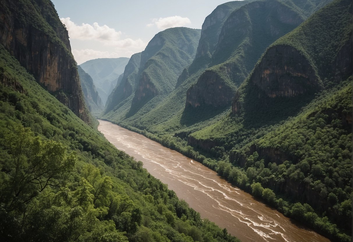 Lush greenery surrounds the towering cliffs of Sumidero Canyon, as the rushing waters of the Grijalva River cut through the rugged landscape, showcasing the delicate balance of conservation and the challenges faced by this natural wonder