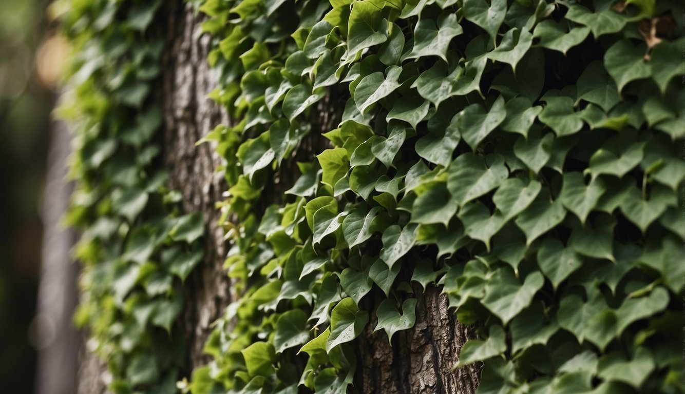 Lush green ivy creeping over textured bark, with red irritation on the surface