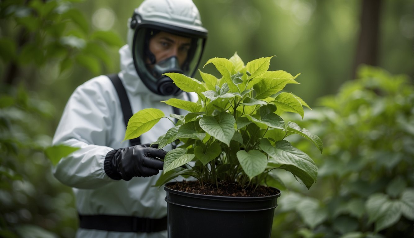 A person in protective gear handling a plant labeled "poison ivy" with caution