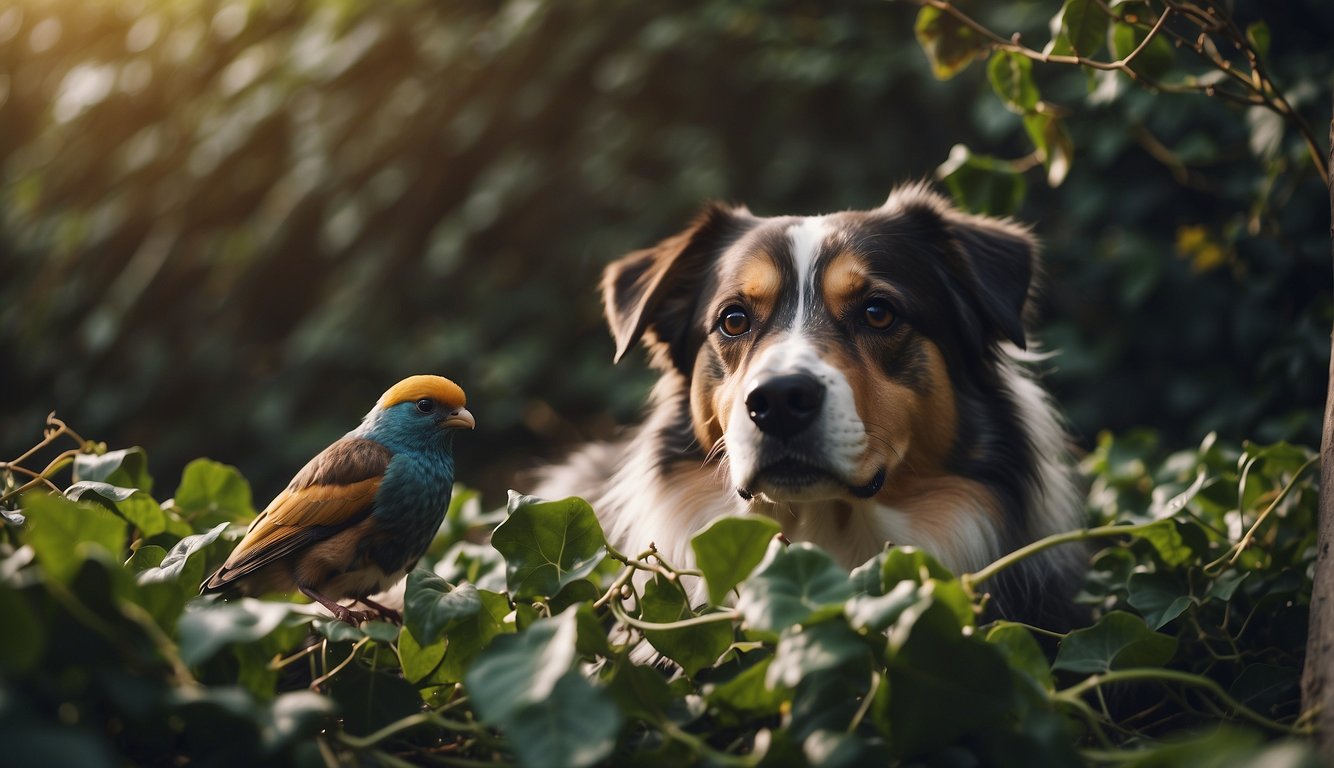 A dog and a bird lay motionless near a tangled mass of ivy, with wilted leaves and berries scattered around them