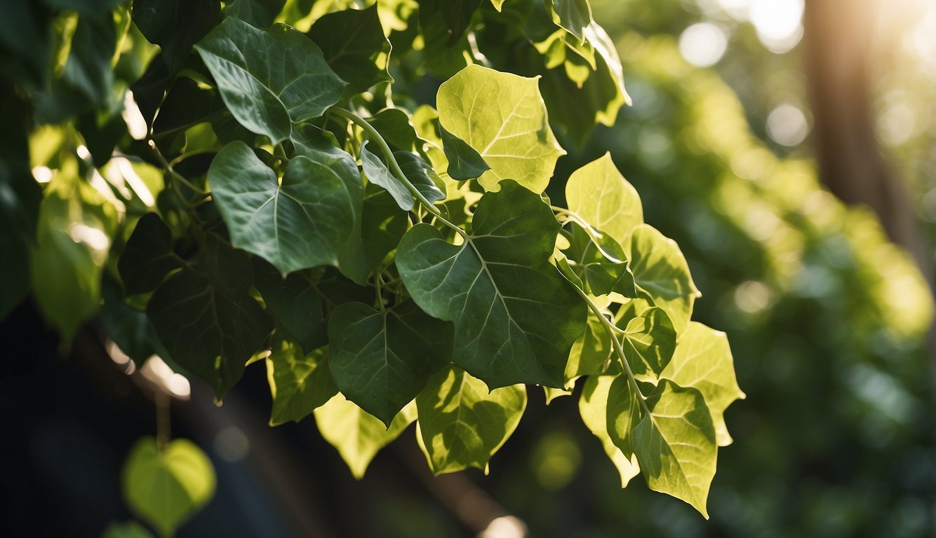 Lush green ivy climbs up a tree, its glossy leaves shimmering in the sunlight. A warning sign nearby indicates that the plant is poisonous to humans