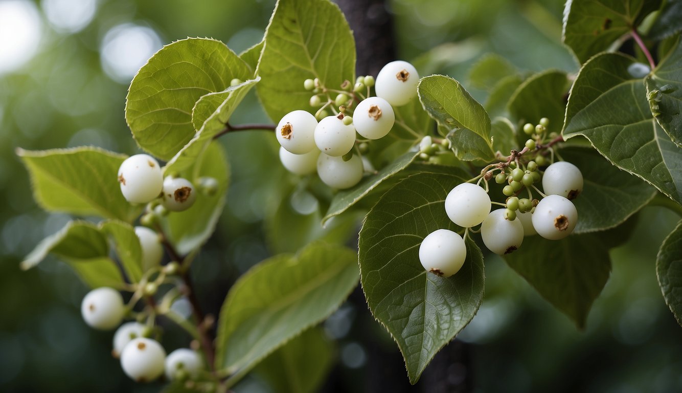 Leaves of three, shiny green, with small clusters of white berries