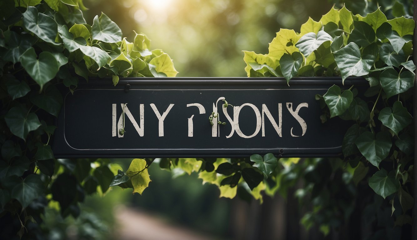 Ivy leaves and vines tangled around a warning sign with the words "Is ivy poisonous to humans?" written in bold letters