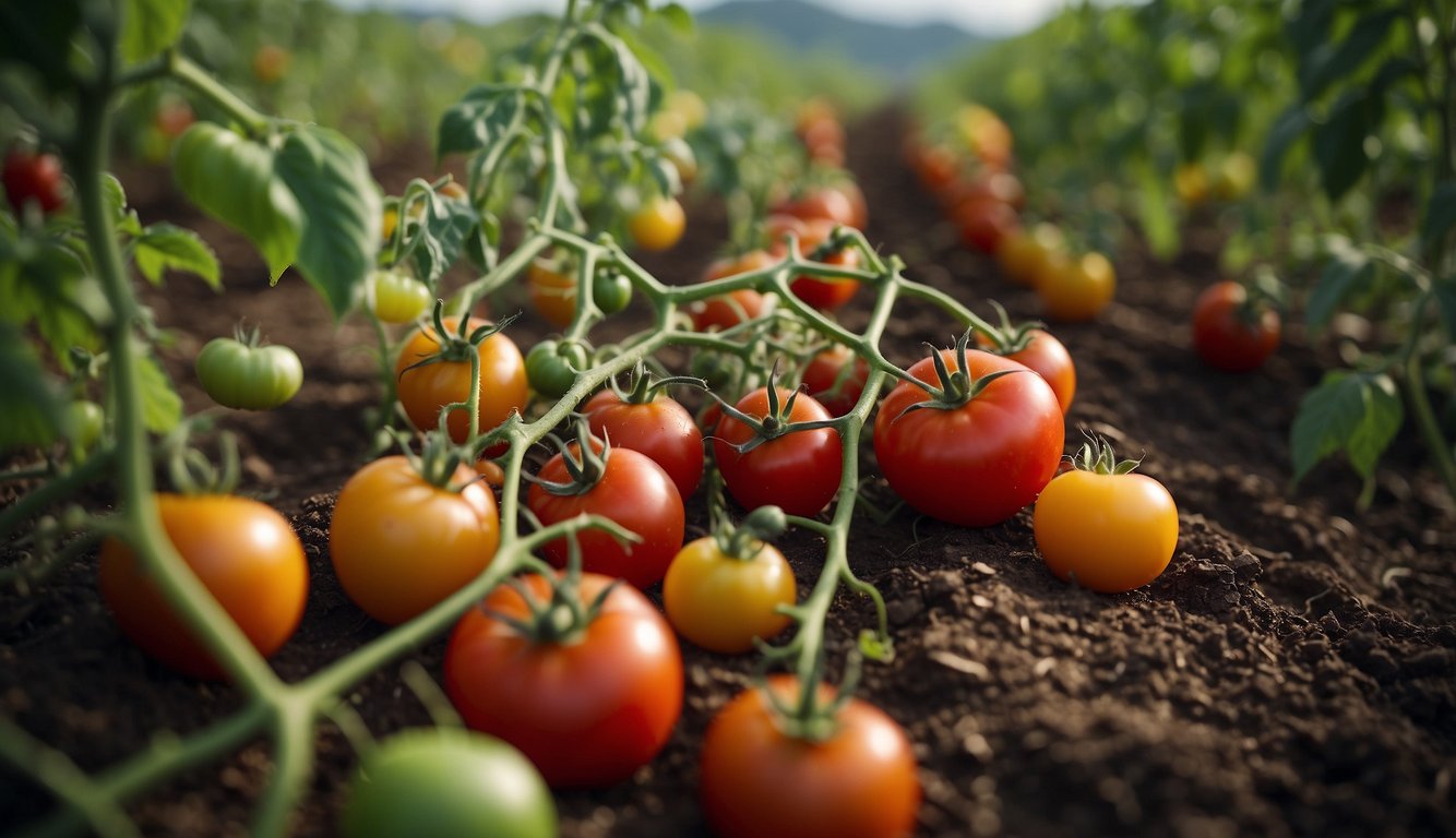 A variety of tomatoes sprawl across the landscape, showcasing the diverse range of shapes, sizes, and colors found in the world of tomato cultivation