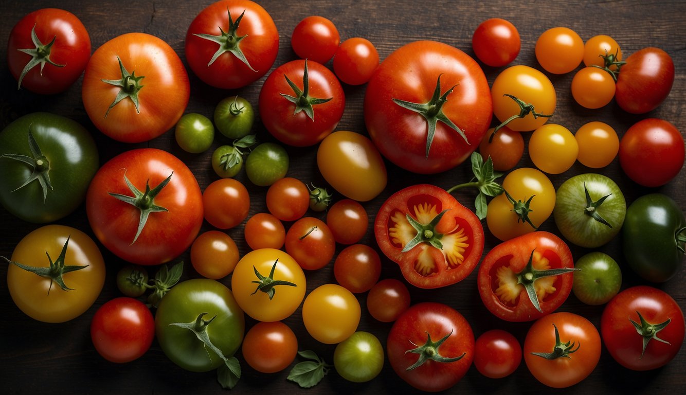 A variety of tomatoes are displayed on a table, showcasing different shapes, sizes, and colors. Labels indicate different classifications