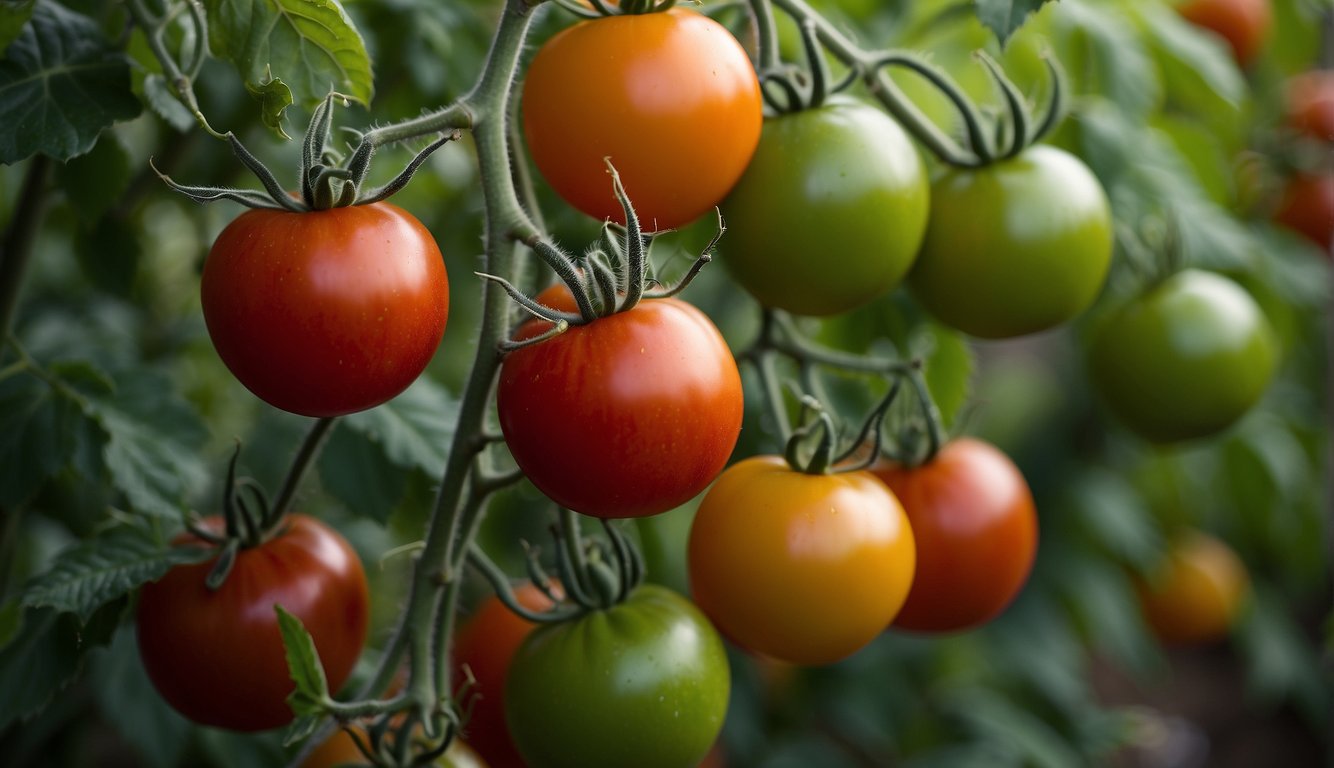 Various types of tomatoes in different sizes, colors, and shapes spread across a vibrant garden, showcasing their unique cultivation and growth patterns