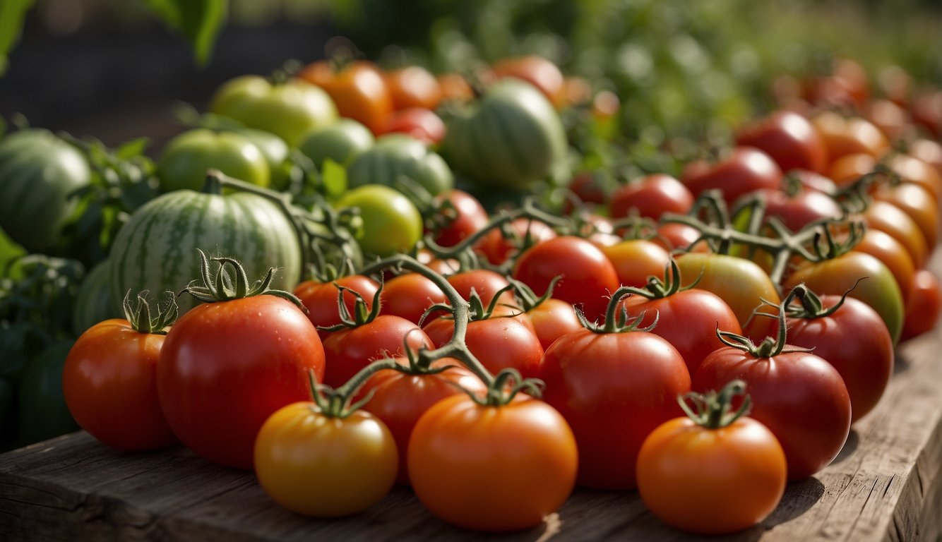 A variety of tomatoes displayed in rows, showcasing different shapes, sizes, and colors. A chart with nutritional information is placed next to them