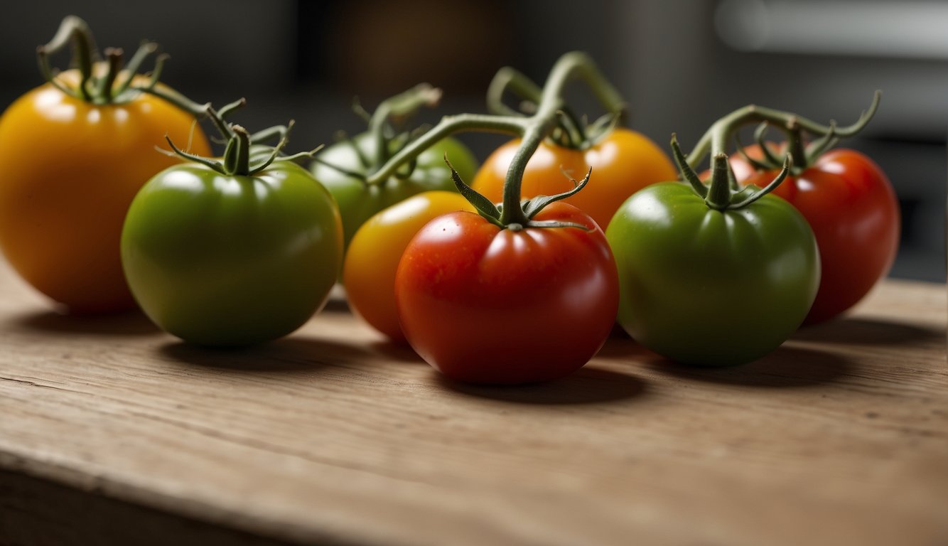 Ripe red, yellow, and green tomatoes sit on a wooden kitchen counter. Vine and cherry tomatoes add variety to the scene