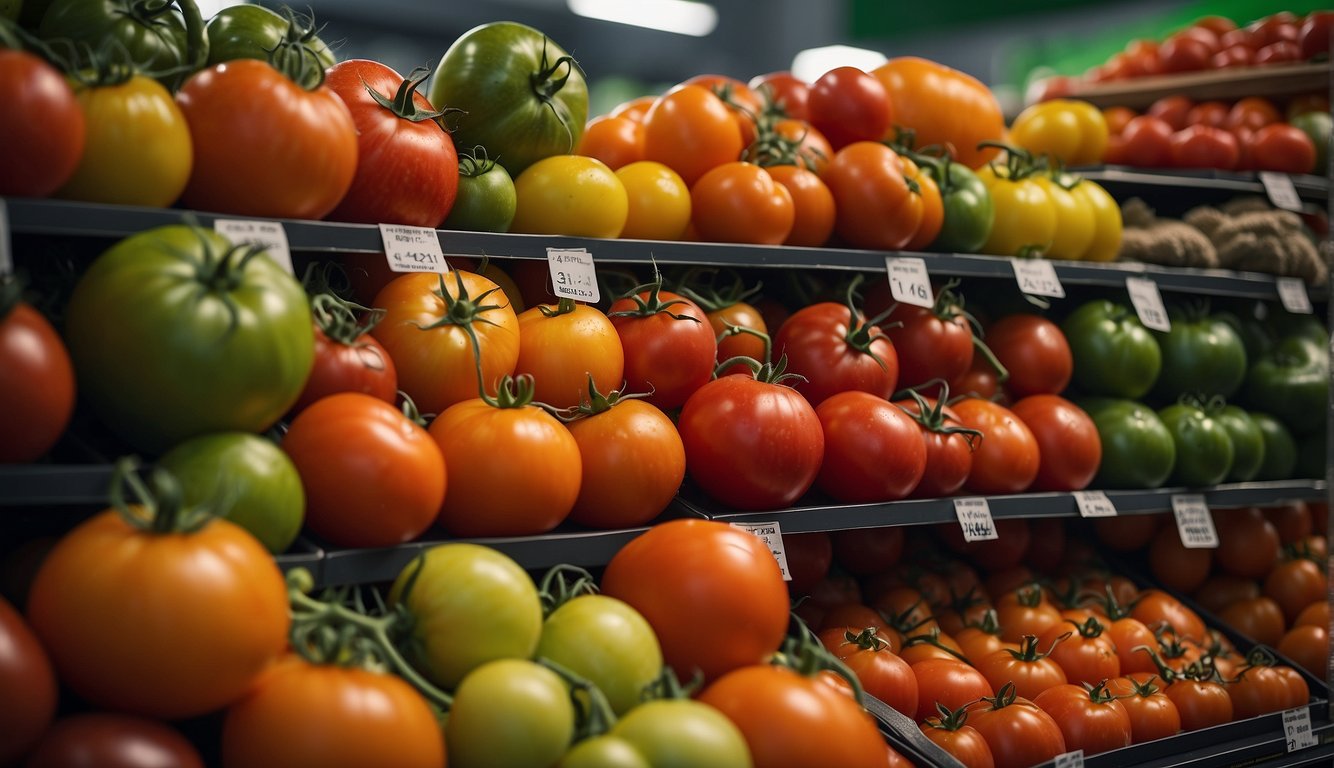 A variety of tomatoes displayed on shelves in a bright, organized store. Different colors, shapes, and sizes of tomatoes are neatly labeled and arranged for easy selection