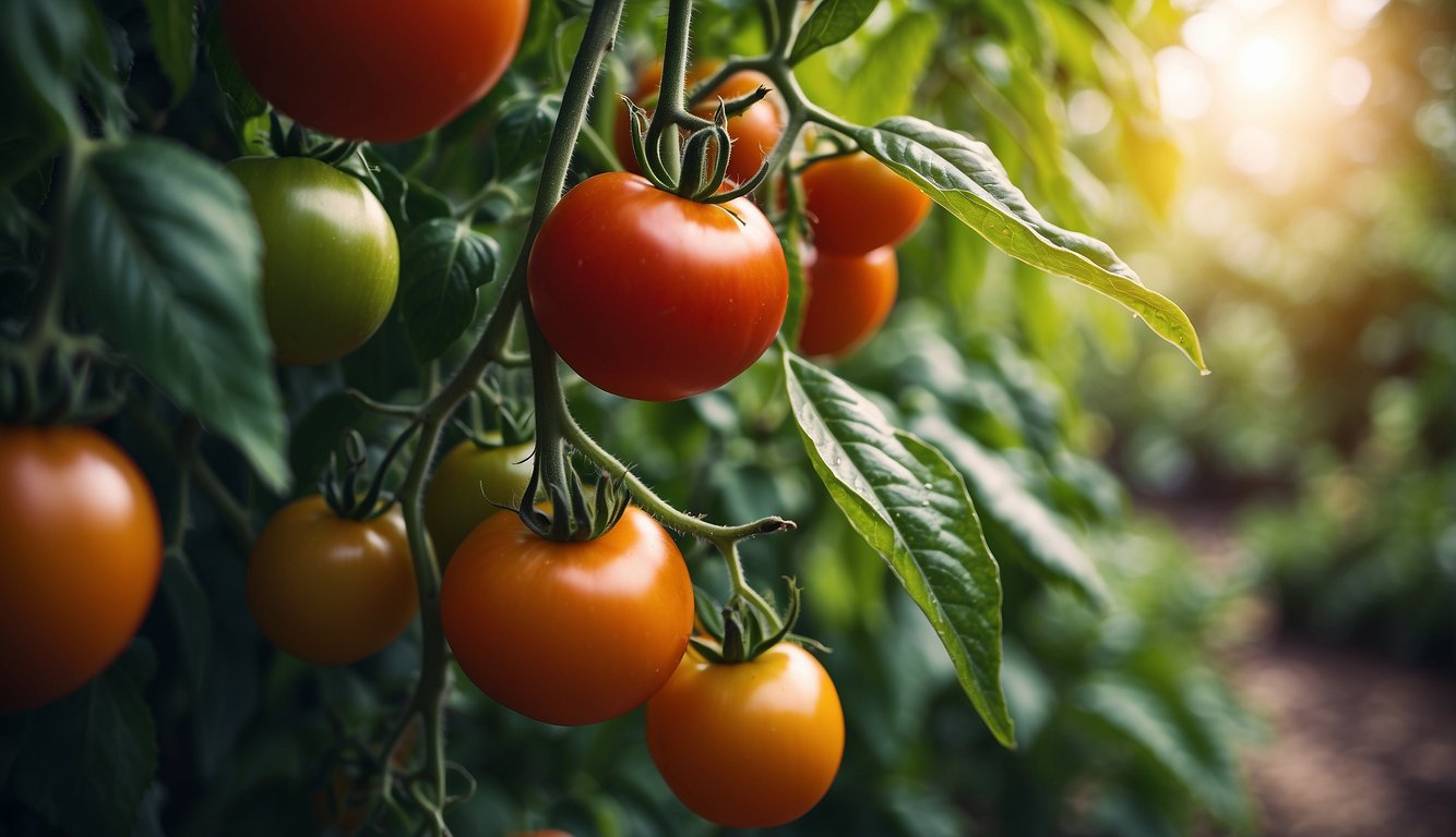 Lush tomato plants in a variety of shapes and colors fill a vibrant garden, showcasing the diverse types of tomatoes found around the world