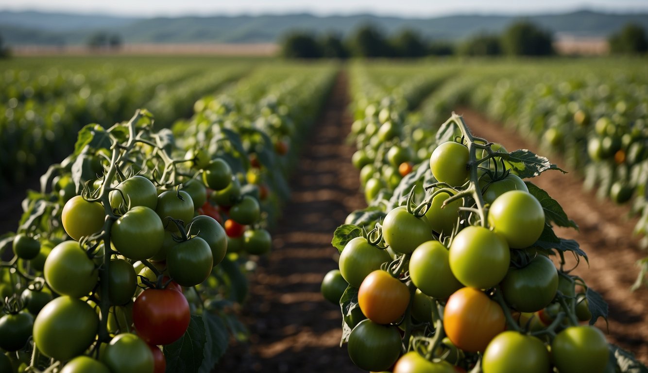 Lush green tomato fields stretch to the horizon, showcasing a colorful array of ripe, plump tomatoes in various shapes, sizes, and hues