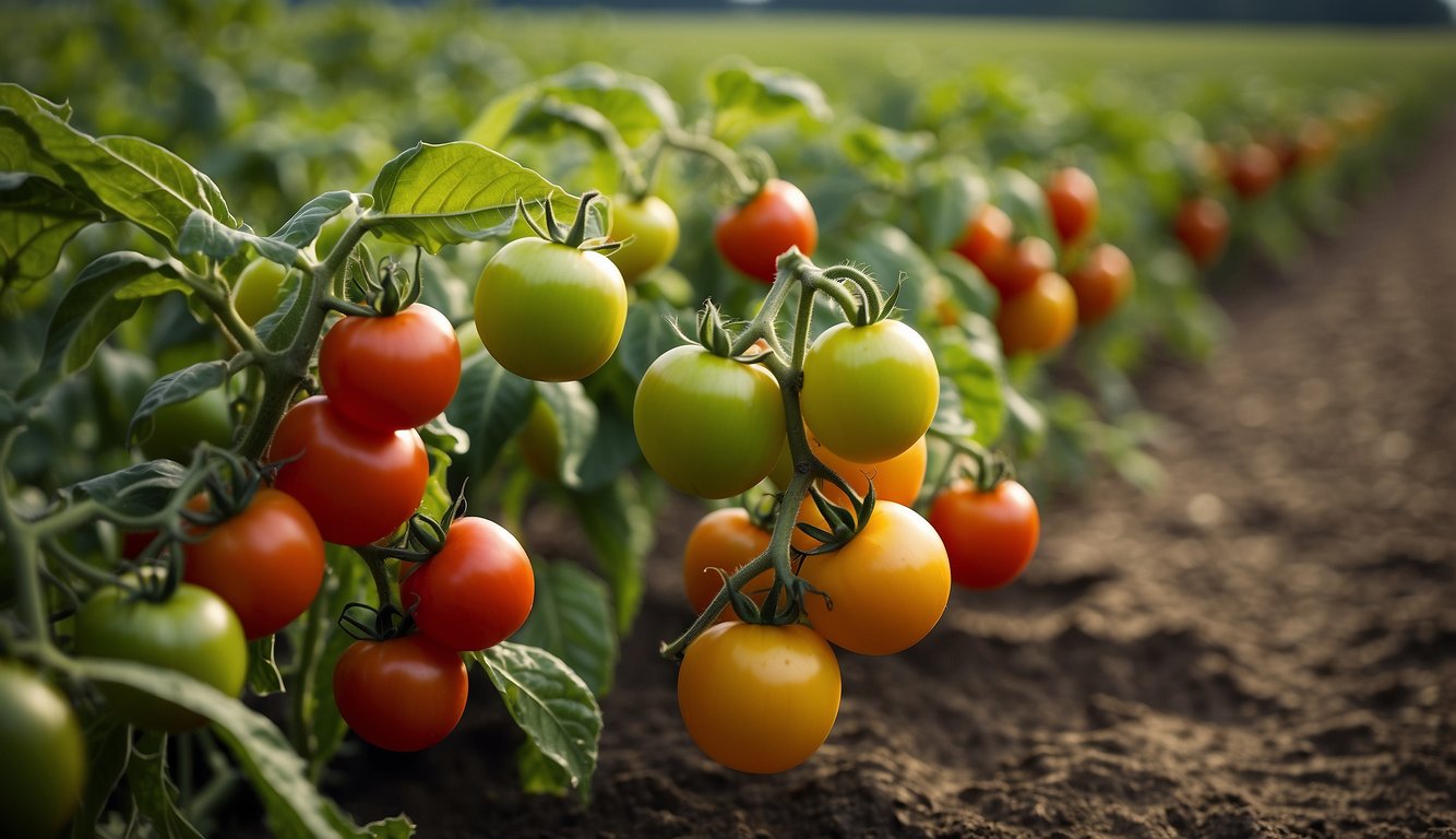 Lush green tomato plants stretch across acres of farmland, bearing various types of tomatoes in vibrant shades of red, orange, and yellow