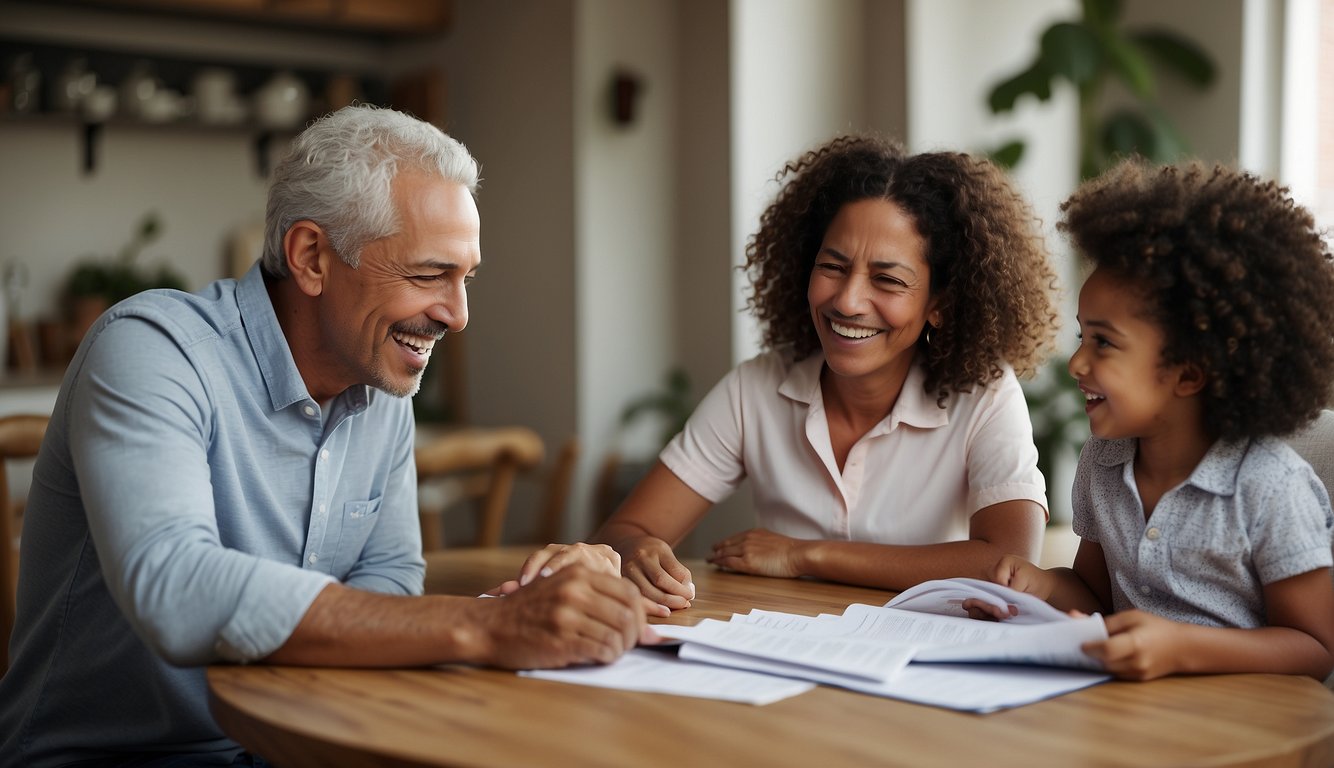 A family gathered around a table, discussing the benefits of a health insurance plan. An open brochure and concerned expressions convey the importance of the topic