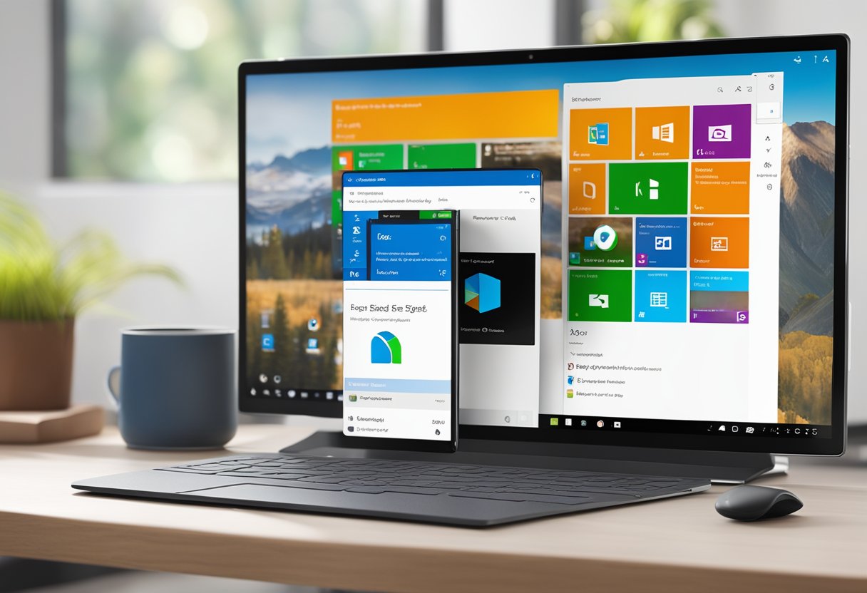 A computer screen displays Microsoft Edge settings with a "Sync" option highlighted. A smartphone lies next to it, also showing the Edge app