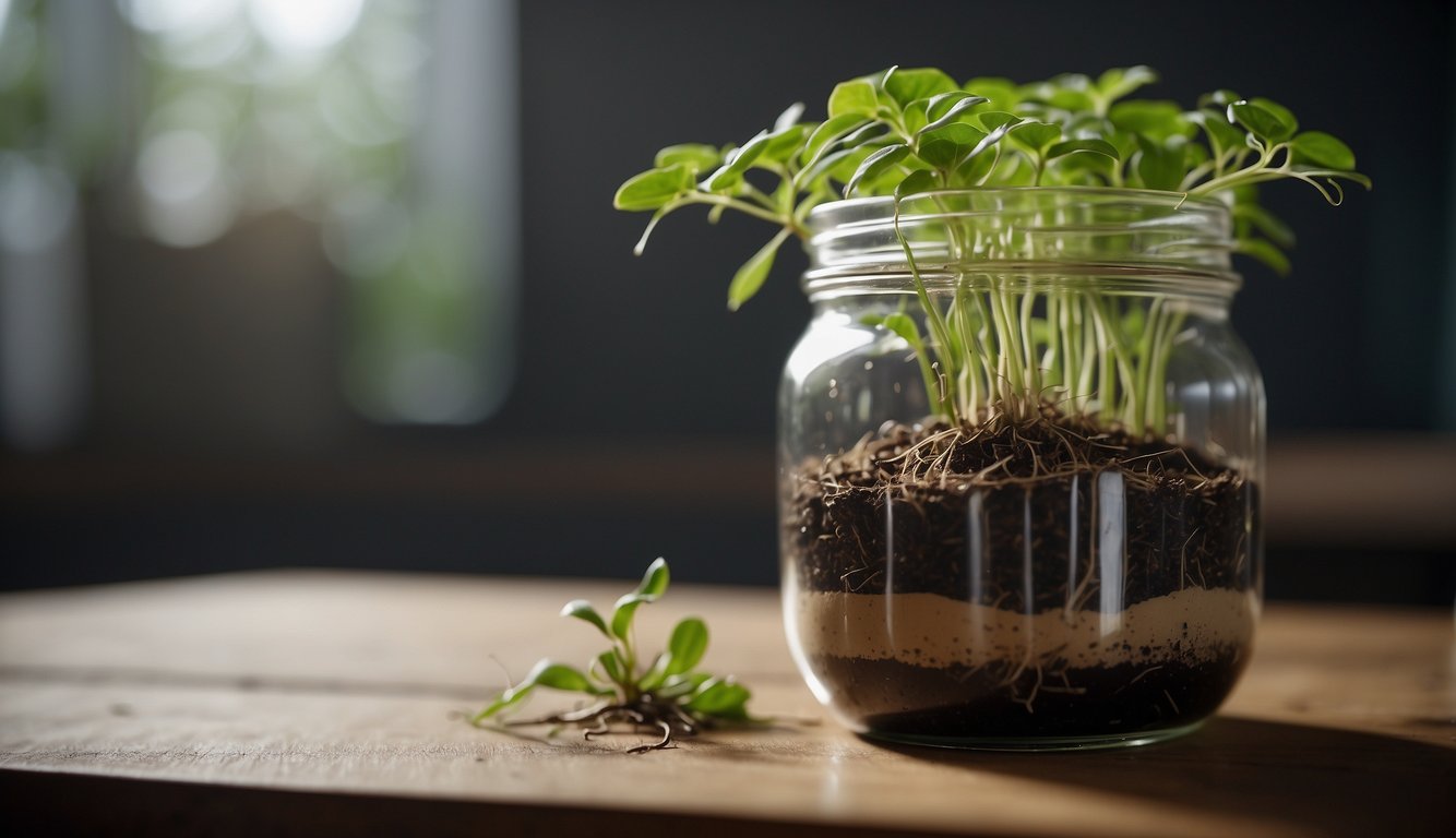 A small plant cutting is dipped into a jar of organic rooting hormone, with roots beginning to sprout from the base