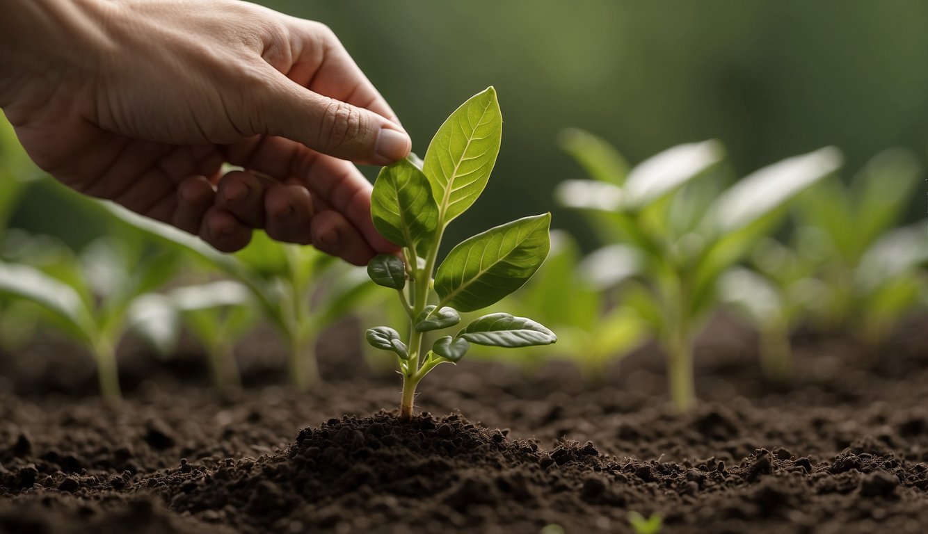 A hand dips a plant cutting into rooting hormone, then carefully places it in organic soil. The plant is then watered and placed in a bright, warm location for optimal root growth