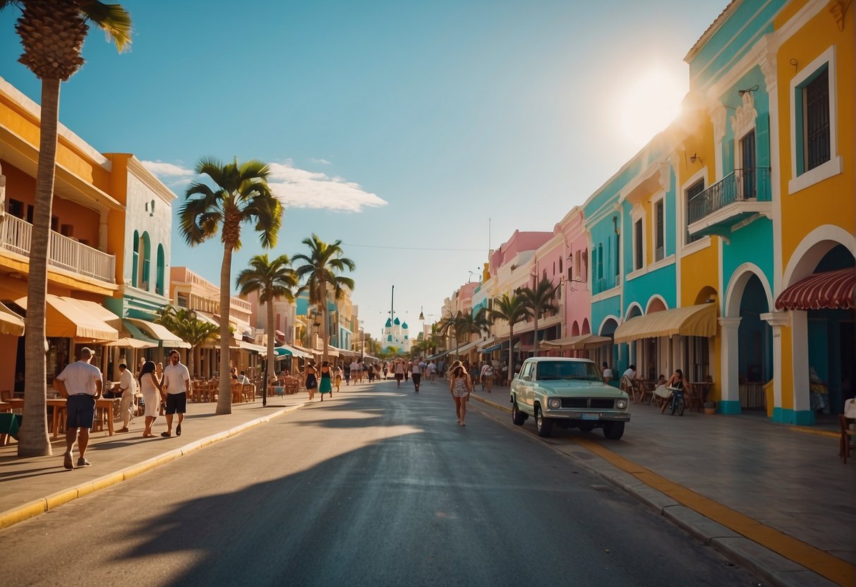 A bustling Progreso street with colorful buildings, palm trees, and locals going about their day. A cruise ship docks in the distance while tourists explore the waterfront
