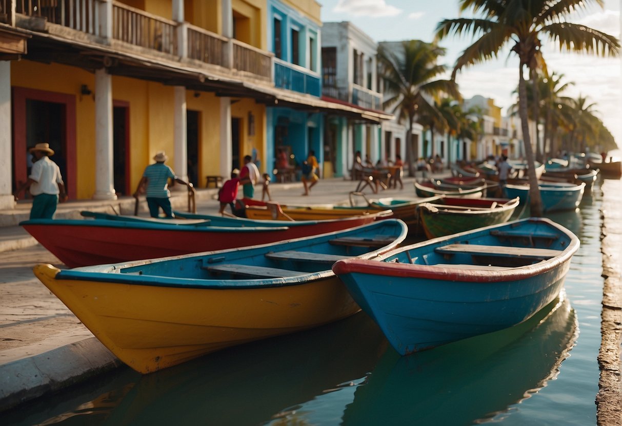 The bustling Progreso Yucatan waterfront with colorful boats, palm trees, and lively street vendors