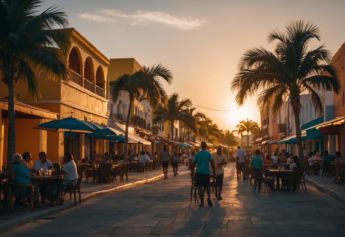 A bustling street in Progreso, Yucatan, lined with colorful restaurants and hotels, with palm trees swaying in the breeze and the sun setting in the background