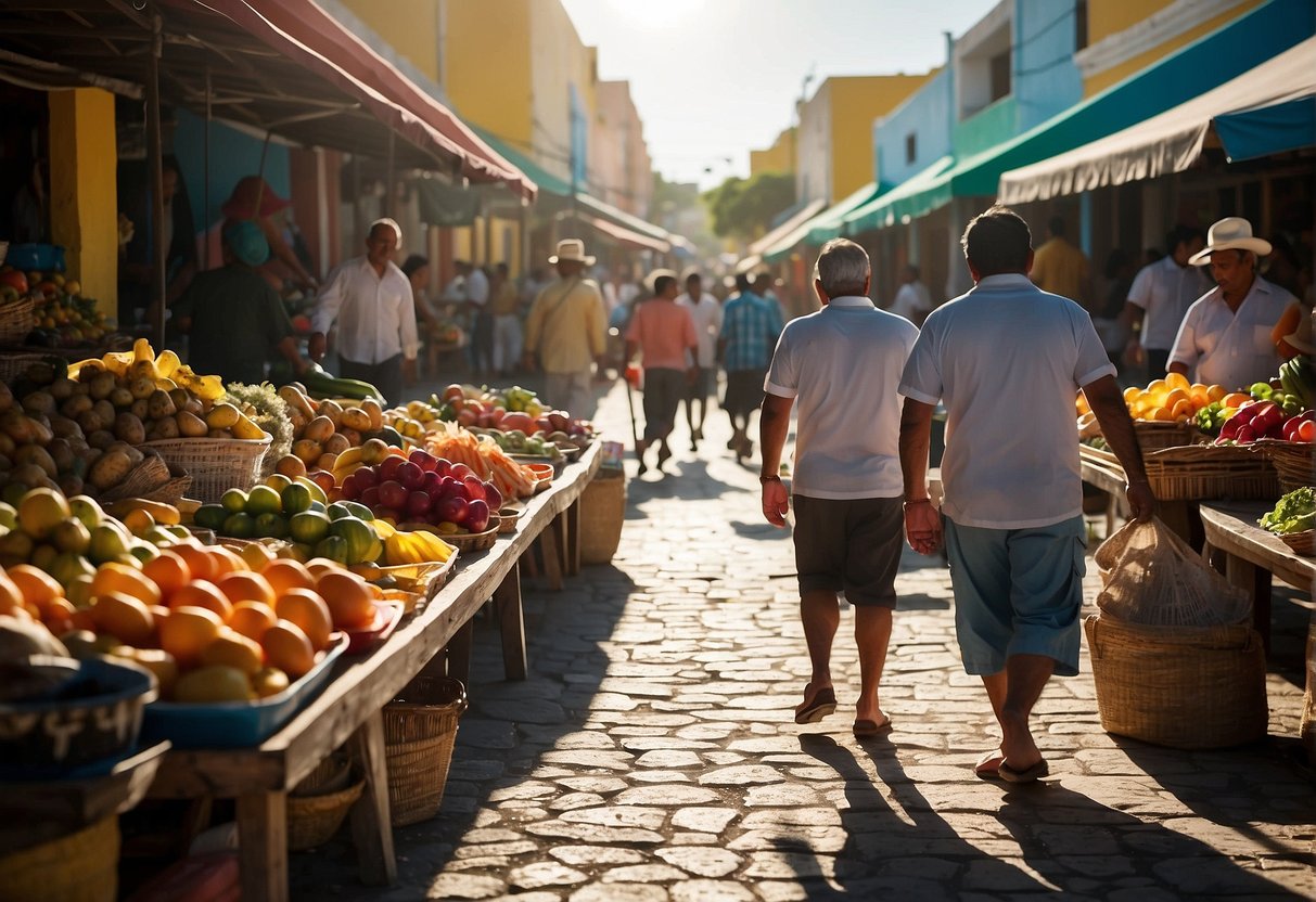 A bustling street market in Progreso, Yucatan, with colorful stalls selling local crafts and fresh produce. The sun shines brightly overhead, casting long shadows on the cobblestone streets. Tourists and locals mingle, creating a lively and vibrant atmosphere