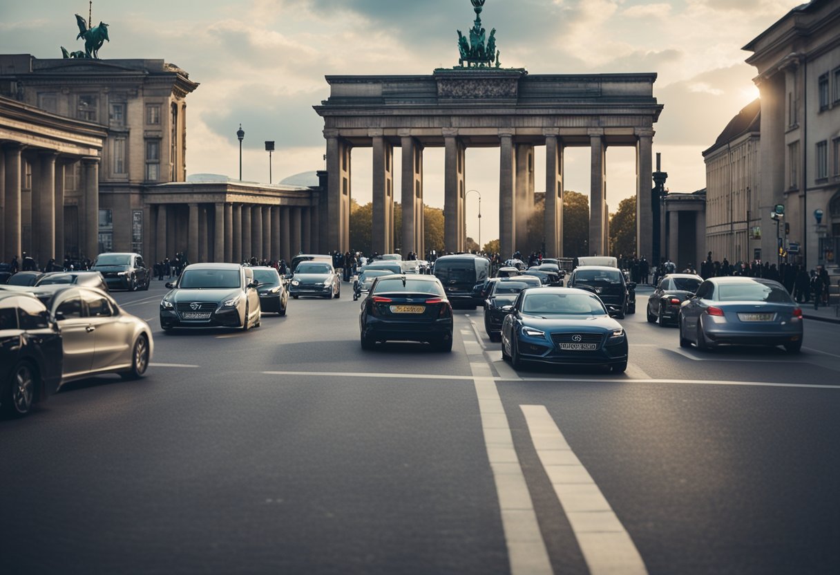 Belebte Straßen mit historischen Gebäuden, geschäftiges Treiben von Fußgängern und Verkehr. Wahrzeichen wie das Brandenburger Tor und der Berliner Fernsehturm ragen aus der Skyline heraus