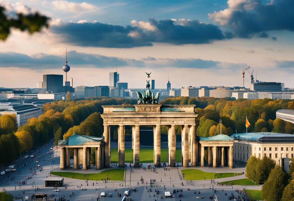 Ein Stadtbild von Berlin mit dem Brandenburger Tor und der Berliner Mauer, mit der Berliner Flagge im Hintergrund