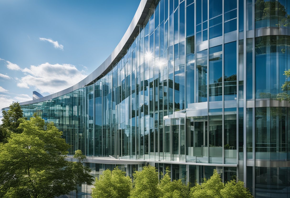 Das Gebäude des Koch-Instituts ragt mit seiner modernen Architektur und der Glasfassade, in der sich das Grün der Umgebung widerspiegelt, in den strahlend blauen Himmel.