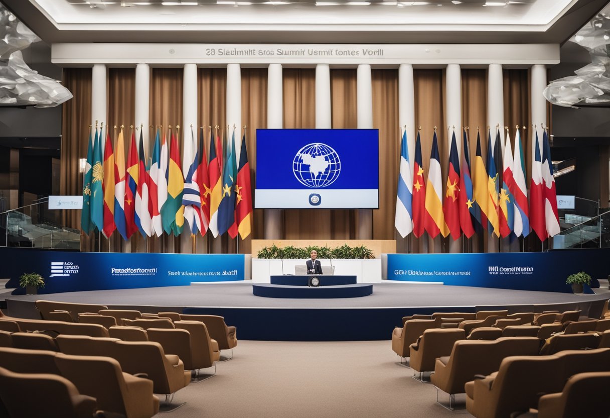 Der Weltgipfel fand in Berlin, Deutschland, statt. Die Szene zeigt einen großen Konferenzsaal mit Flaggen der verschiedenen Länder und einem Podium für die Redner