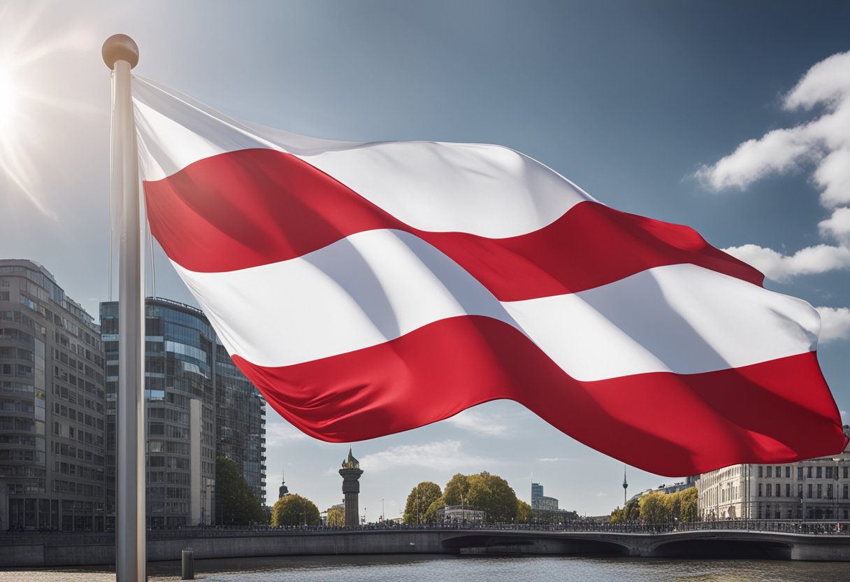 Die Berliner Flagge zeigt eine rot-weiß-rote horizontale Trikolore. In der Mitte befindet sich ein nach links gerichteter Bär, der das Symbol der Stadt darstellt