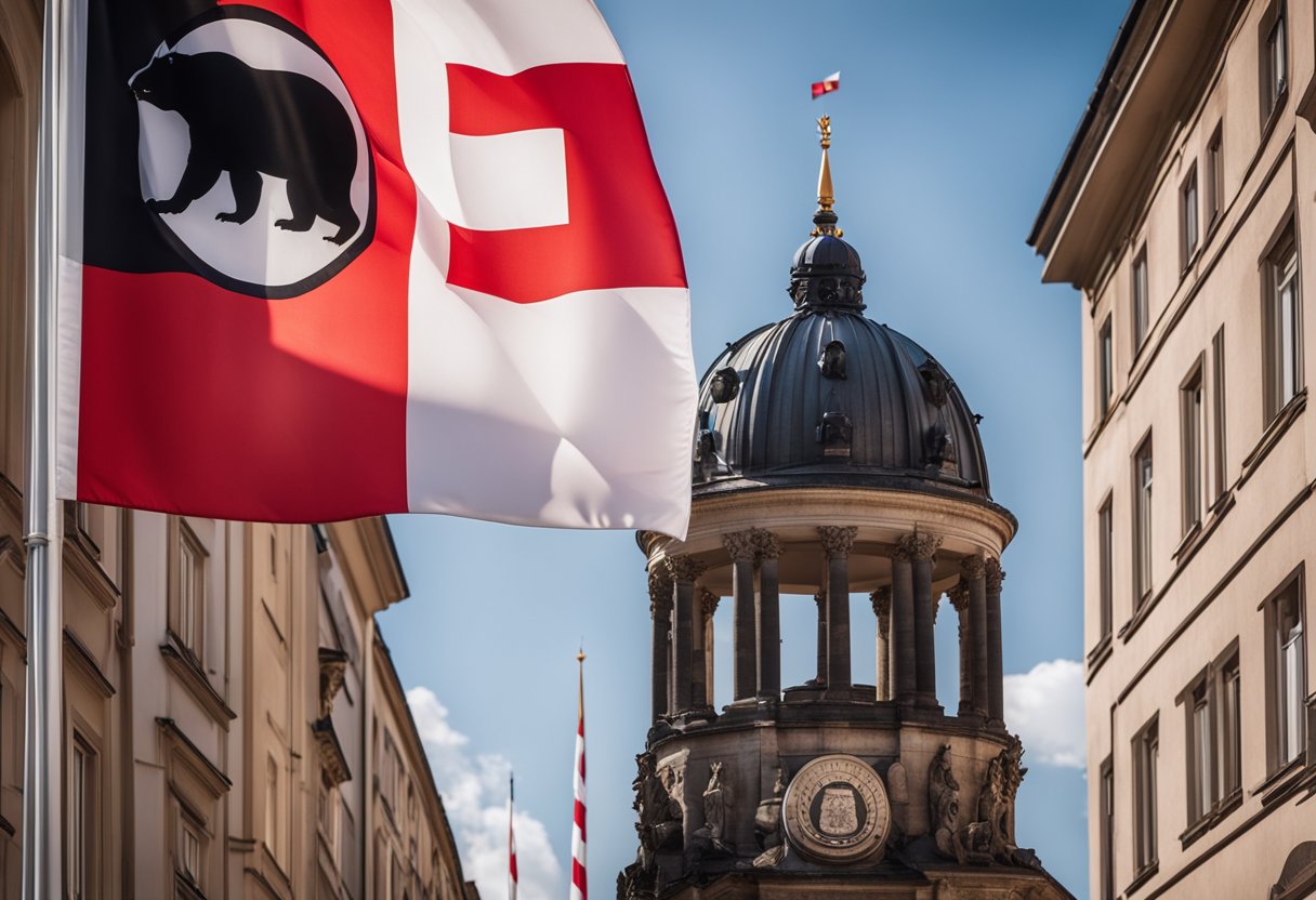 Die Flagge von Berlin, Deutschland, weht hoch über der Stadt und zeigt einen schwarzen Bären auf weißem Grund mit einem rot-weiß gestreiften Schild