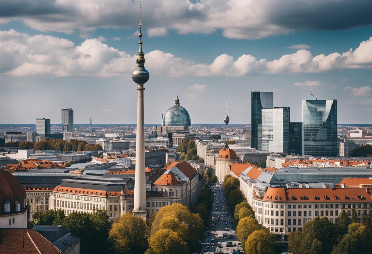 Berlin, die größte Stadt Deutschlands, mit ikonischen Wahrzeichen und belebten Straßen, umgeben von moderner Architektur und historischen Gebäuden