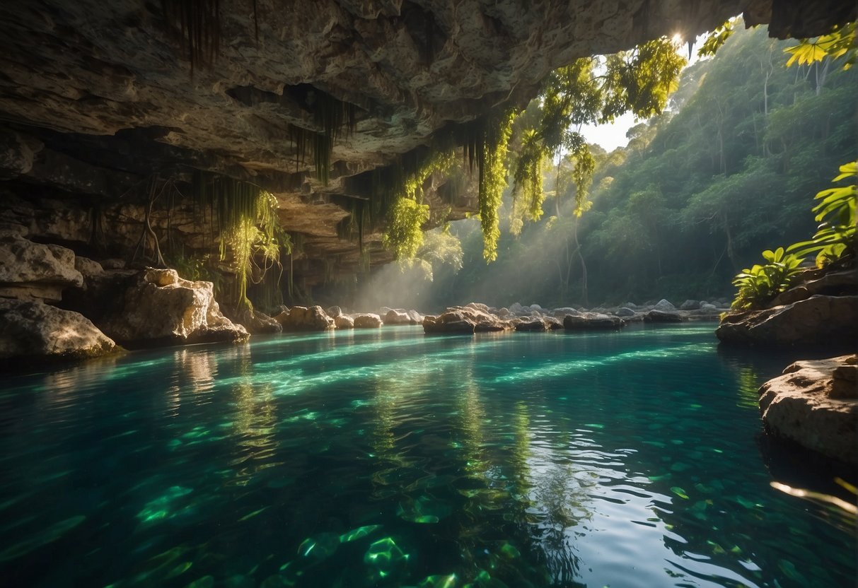 Sunlight filters through the lush jungle canopy, illuminating the crystal-clear waters of Cenote Cuzama. Vines drape over the rocky edges, and colorful fish swim among the submerged limestone formations